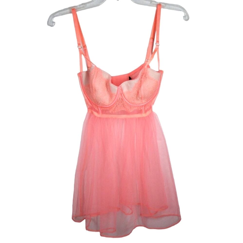 Victoria's Secret Sheer Lace Babydoll Neon Orange size 36C